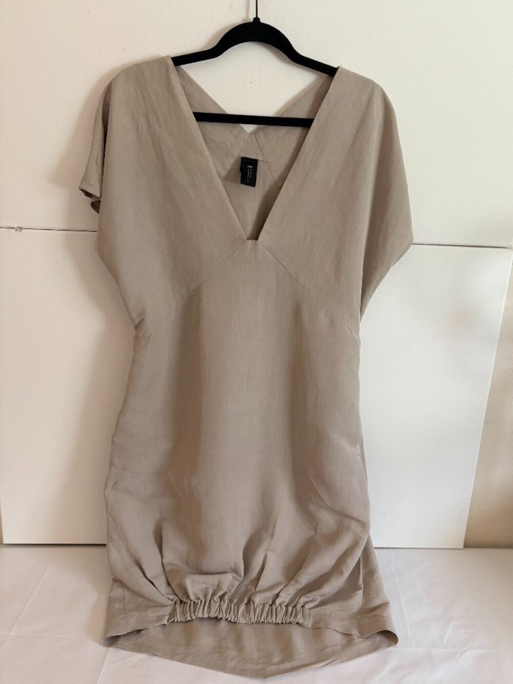Zero + Maria Cornejo Taupe Linen Cotton V-Neck Elastic Hem Designer Dress Size 6